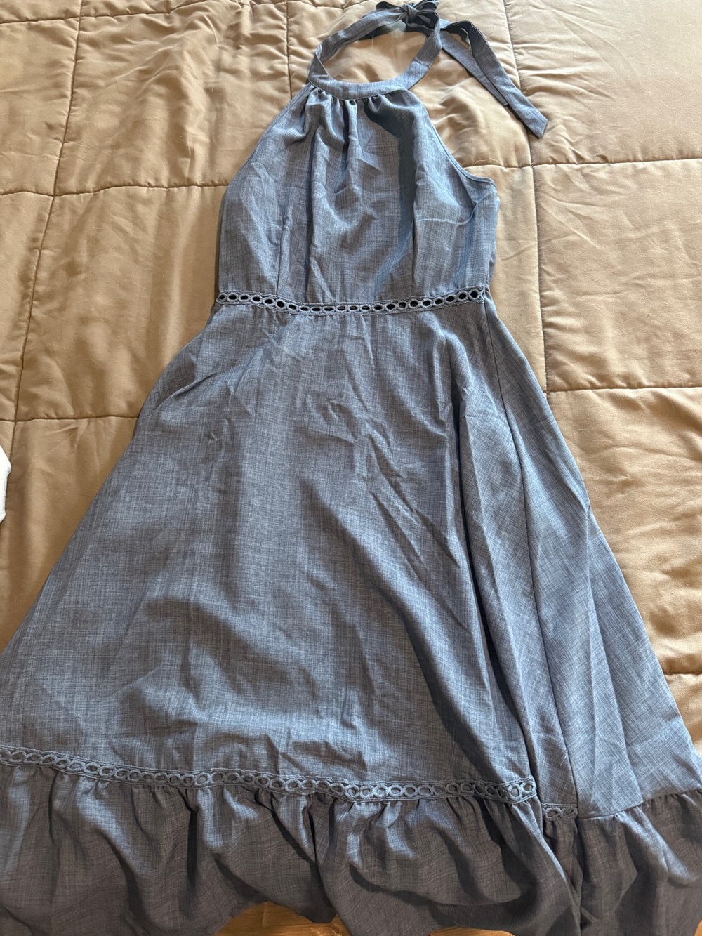 Cupshe Chambray Halter Eyelet Waist Maxi Dress in Light Blue